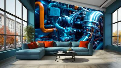 Close-up view of a complex industrial machine with intricate piping and shiny metallic parts. Wall mural