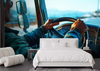 Close-up view of a man driving a truck, hands on the steering wheel with a dashboard view. Wall mural