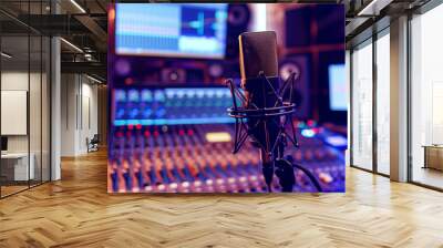 Close-up view of a professional studio microphone with a blurred background featuring audio mixing equipment. Wall mural