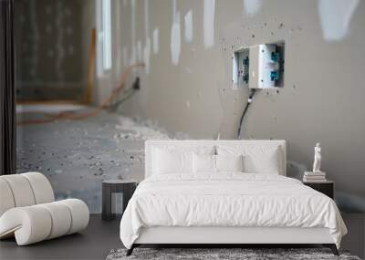 Close-up view of an electrical outlet installation in a wall under construction, with surrounding debris. Wall mural