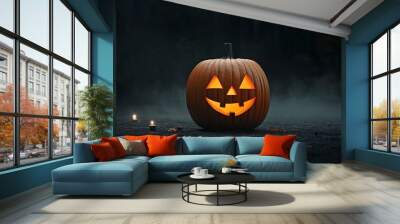 Closeup of a carved pumpkin with a glowing, eerie face, set against a dark background with swirling fog and flickering candles, capturing the spooky essence of Halloween Wall mural