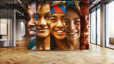 Collage of diverse young smiling faces overlaid with golden map highlights, symbolizing global unity. Wall mural