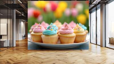 Colorful cupcakes with frosting and sprinkles on a plate in front of a blooming flower background Wall mural