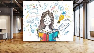 Colorful illustration of a young woman reading a book with imaginative doodles around her. Wall mural