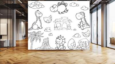 Coloring with a cute dinosaur sitting under a palm tree, on the background of a volcano . Cute prehistoric world for children's book. Wall mural