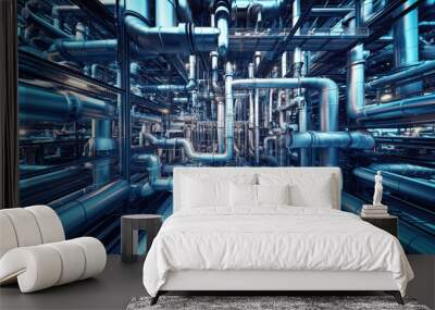 Complex industrial piping system with metallic pipes and intricate network structure, illuminated by warm industrial lights. Wall mural