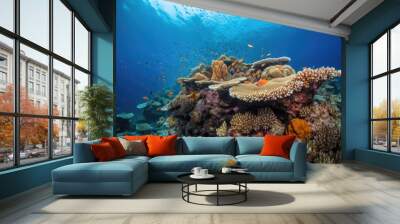 coral reef with schools of colorful fish swimming among the corals and marine life, created with generative ai Wall mural