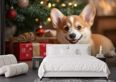 Corgi puppy under the Christmas tree Wall mural