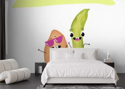 Cute broad beans, broad bean, raw, fava beans, fava bean, vicia faba with different activities, outdoor, sports,musical instrument. Organic food, healthy food. Wall mural