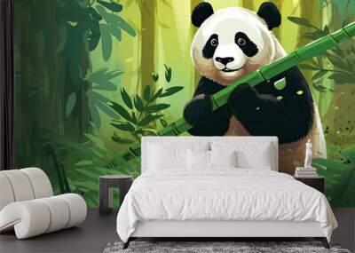 Cute cartoon style panda in the bamboo forest Wall mural