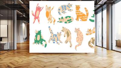 Cute doodle cats, funny kitten. Sketch style drawing animals, hand drawn love adorable cats stickers collection, happy pets portrait. Vector garish illustration cartoon flat characters Wall mural