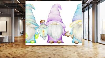 cute dwarfs, with a shovel, rake and lantern. Watercolor concept, in cartoon style, on an isolated background. Wall mural