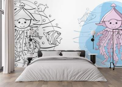 Cute jellyfish fish of the sea. vector illustration in hand-drawn, on an isolated background. for coloring Wall mural