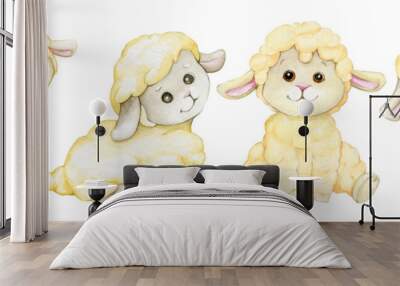 Cute lambs in cartoon style, but isolated background. Watercolor illustration of animals. Wall mural