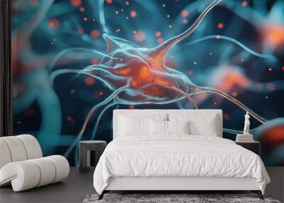 Detailed illustration of a neuron with dendrites, set against a dark background with glowing particles and blurred connections. Wall mural