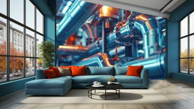 Detailed view of a modern industrial pipeline system with metallic tubes and valves in a factory setting. Wall mural