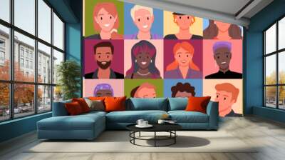 Different people in square avatars vector illustration. Cartoon portraits of multicultural diverse team of happy female and male adult characters with smiles on young faces, cute man and woman Wall mural