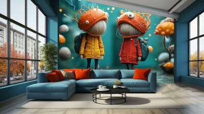 Digital artwork featuring two whimsical characters with mushroom hats, exploring an otherworldly forest with glowing mushrooms. They wear colorful coats and backpacks. Wall mural