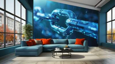 Digital concept of a strong metal chain with glowing blue binary code, symbolizing cybersecurity. Wall mural