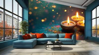 Diwali, Oil lamps on purple background Wall mural