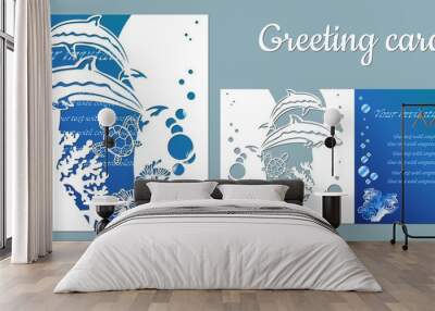 Dolphin, turtle, seaweed. template for making a postcard. vector image for laser cutting and plotter printing. fauna with marine animals. Wall mural