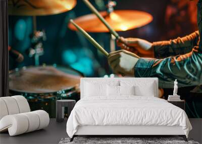 drummer packing drum kit with tossed drumsticks Wall mural