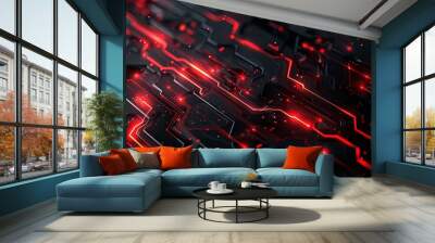 Dynamic tech-themed background with red circuits Wall mural