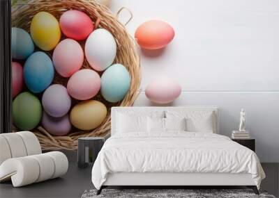 Easter eggs in basket on white background. Generative AI. Wall mural