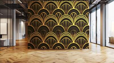 Elegant black and gold art deco wallpaper pattern with geometric fan designs. Wall mural