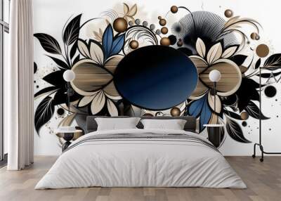 Elegant decorative floral composition with abstract elements and dark oval center on a white background for design concept Wall mural