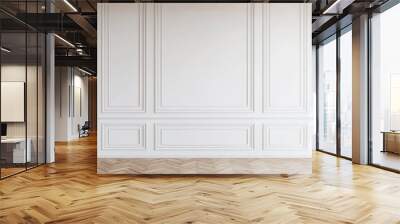 Elegant empty room with classic white wall paneling, sophisticated molding, wooden parquet floor, minimalistic interior concept Wall mural