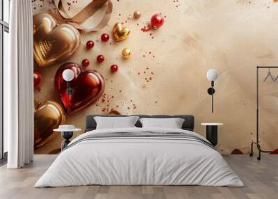 Elegant gold and red heart balloons with festive ribbons and confetti Wall mural