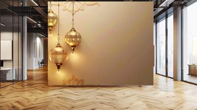 Elegant golden lanterns hanging against a decorative patterned background, emitting a warm glow. Wall mural