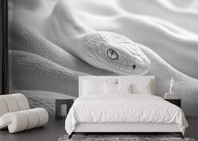 Endless looping 3D animation of an abstract knotted albino snake moving over a white background, showcasing a video texture of dragon scales in motion. Wall mural