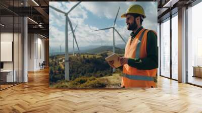 Engineer in safety gear with a tablet at a wind farm under a blue sky. Wall mural