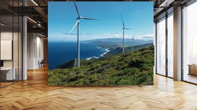 Engineers working on renewable energy projects, using wind and solar power to illustrate innovation in sustainability, stock photo Wall mural