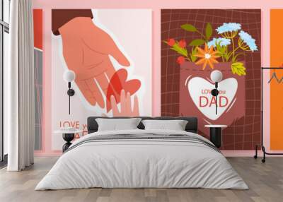 Fathers day greeting card set vector illustration. Cartoon creative cute poster design with congratulations text for special event celebration and best dad background. Fatherhood, family love concept Wall mural