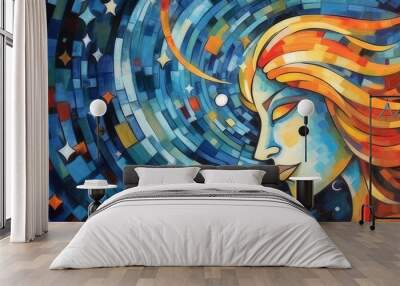 femail angel. stained glass. ave maria.  Abstract expressionism. 
 Wall mural