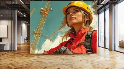 Female construction worker in a hard hat at a building site. Wall mural