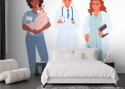 Female health care workers standing together. Young doctor with stethoscope, veterinarian with sick dog on hands and student in glasses, portrait of girls in medic uniform cartoon vector illustration Wall mural