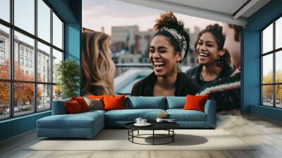 female with a headband laughing with friends on a rooftop Wall mural