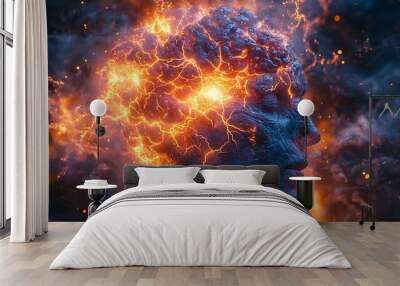 Fiery Mind: Abstract art depicting the human mind as a blazing inferno of energy and thought. Wall mural