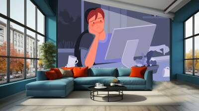 freelance worker sitting at night to work hard vector illustration. cartoon depressed bored unhappy  Wall mural