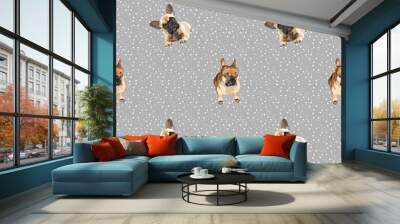 French Bulldog sitting and laying dog seamless pattern. Hand-drawn dog on a repeatable grey background with snow. Cute abstract texture with Frenchie illustration. Cartoon style. Popular character. Wall mural