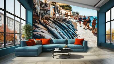 Fresh fish market along a seaside promenade, vibrant stalls, colorful scenic, seafood shopping concept Wall mural