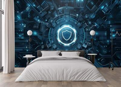 Futuristic blue cyber security concept with a shield symbol centered on a digital interface. Wall mural