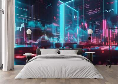 Futuristic digital landscape with glowing neon financial charts, graphs, and data projections. Wall mural