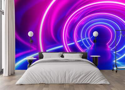 Futuristic tunnel with vibrant neon lights in pink and blue tones creating a glowing circular path. Wall mural