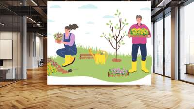 Gardeners set, spring - modern flat vector illustration concept of different people - men and women doing gardening - watering, planting, pruning, hoe, organizing spring gardening concept Wall mural