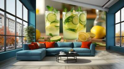 Glasses of infused water with cucumber, lemon, and mint on a wooden surface, surrounded by fresh ingredients in a bright kitchen setting. Wall mural